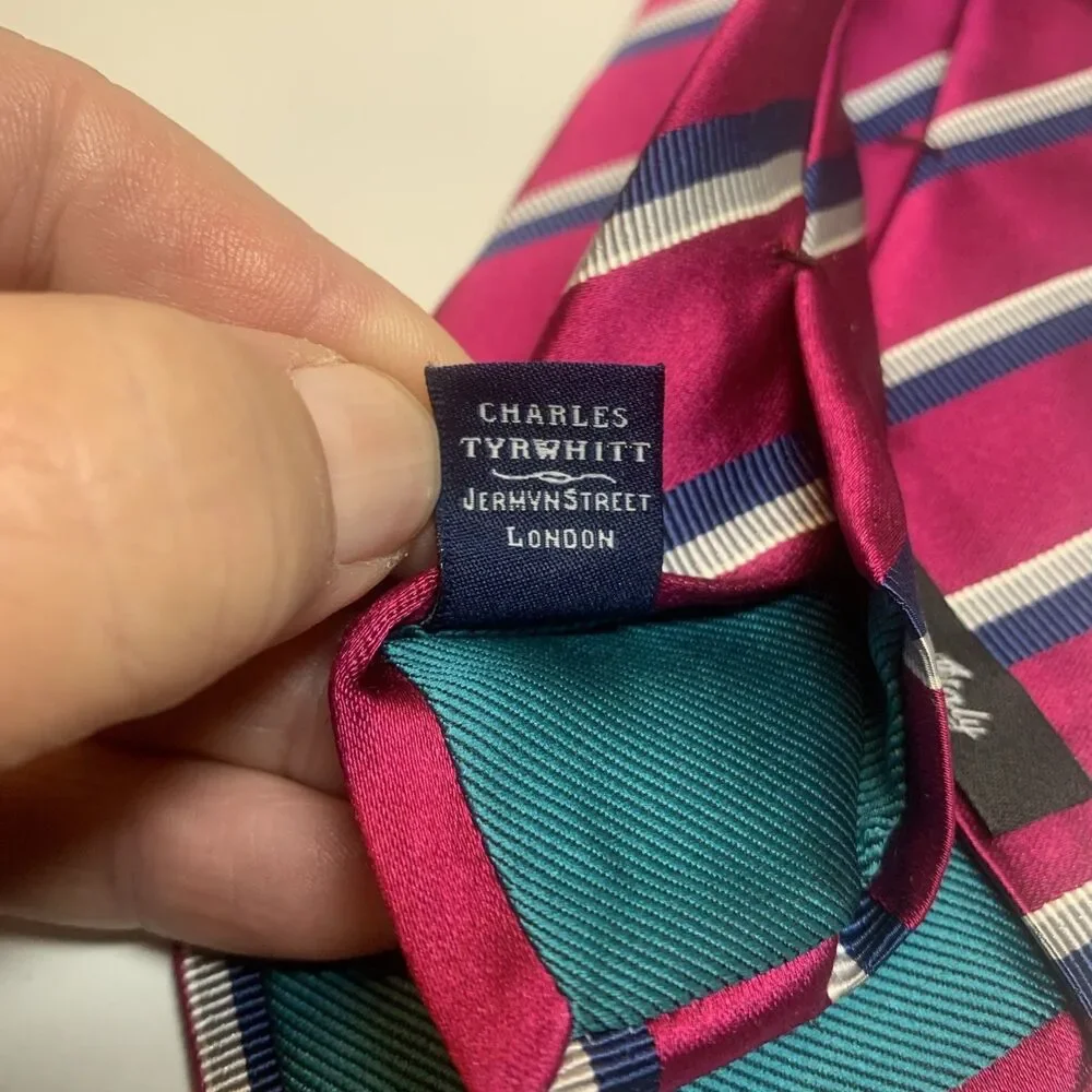 Charles Tyrwhitt Silk Cotton Tie Pink Striped Italy Designer 58”X3.25” Business